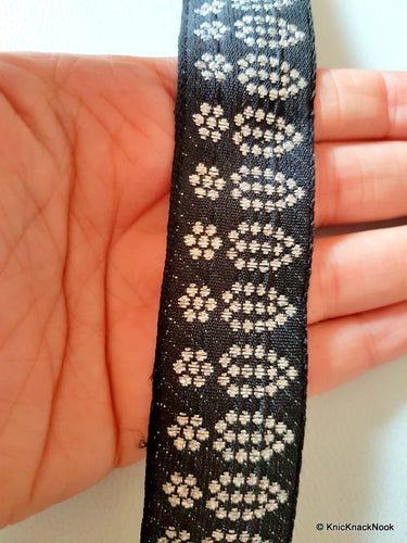 Silver And Black Flowers Embroidery Lace Trim, Indian Laces, Indian Trims